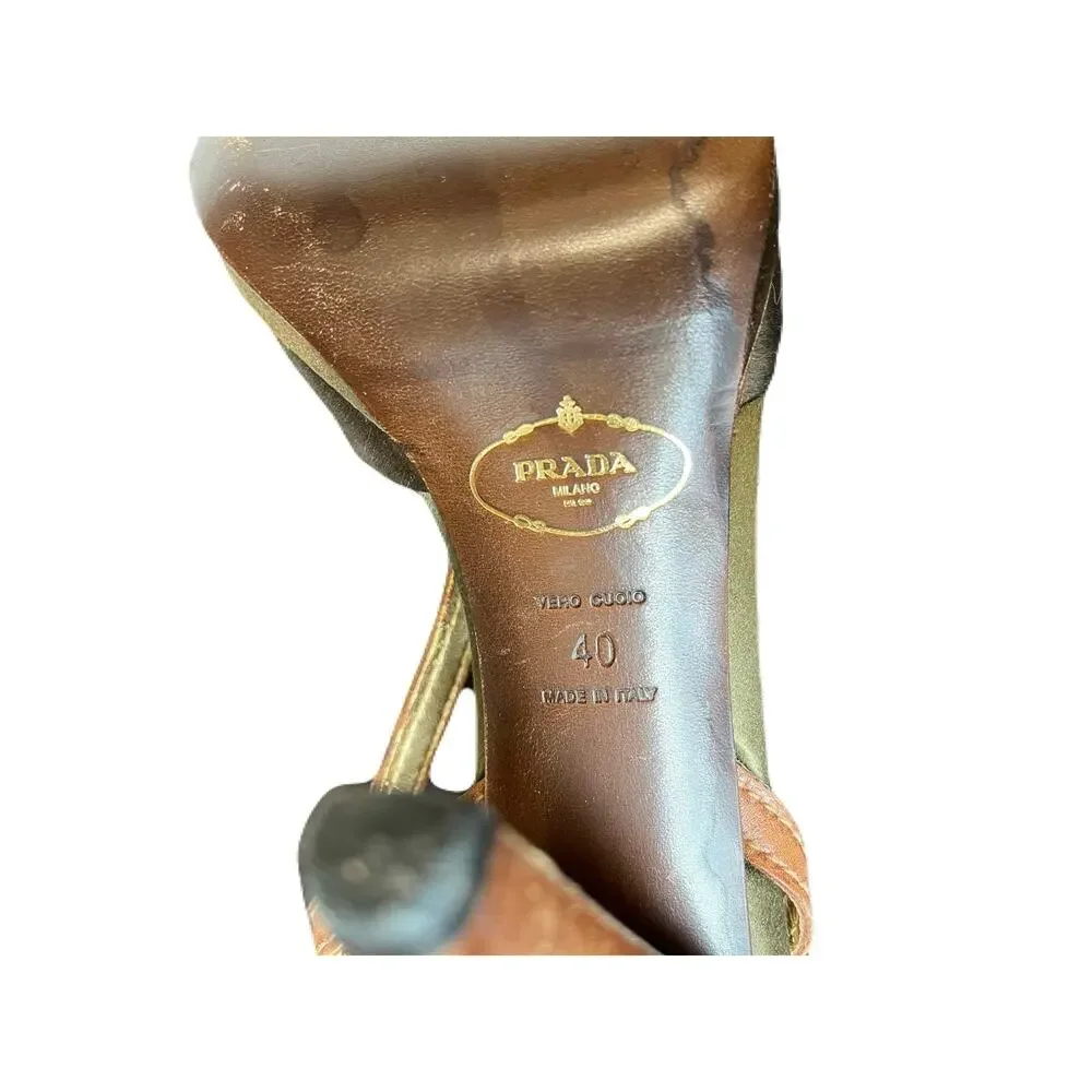 Prada Olive Green Satin And Brown Leather Slingback 4” Heel Size 10 - Picture 5 of 6